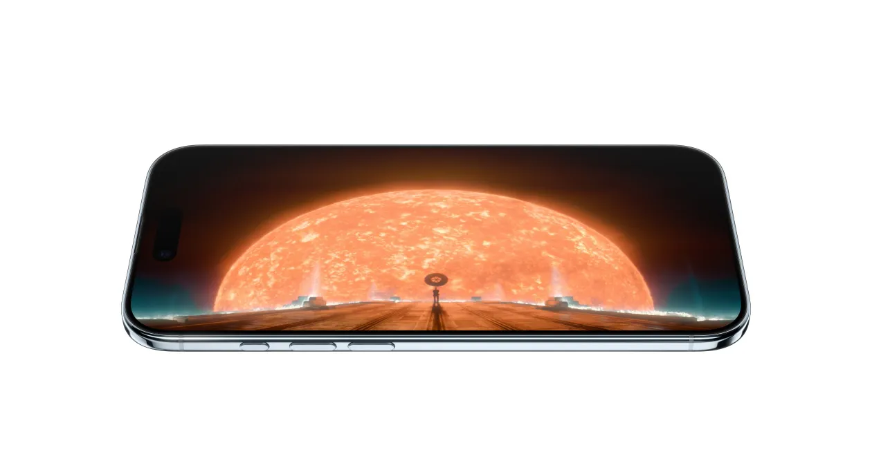 iPhone Air 機身正面側斜擺放，螢幕畫面是 Apple TV+ 影集《基地》的靜態場景