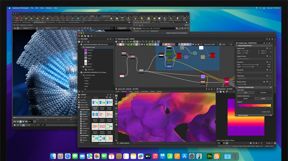 在 M4 Max Mac Studio 上使用 Adobe Substance 3D Designer、Houdini 與 Redshift 應用程式進行編輯的畫面