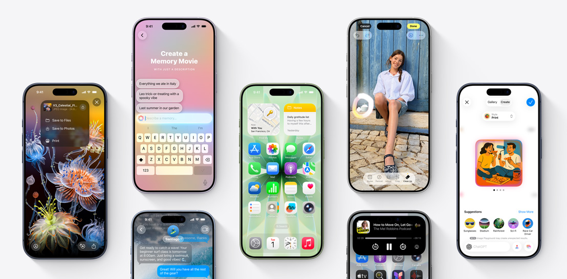Багато пристроїв iPhone 17 і 17 Pro, на кожному екрані демонструються функції iOS 26 та Apple Intelligence