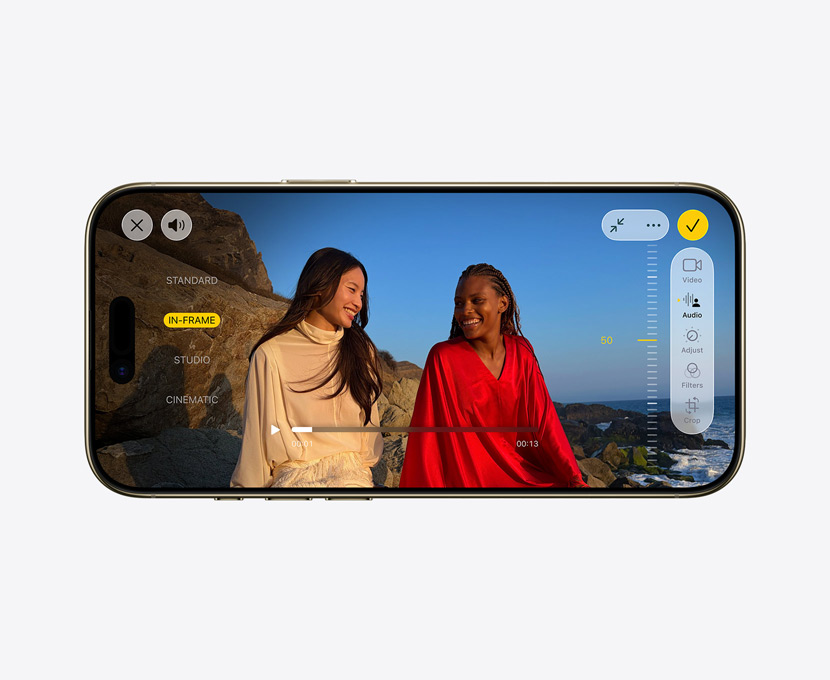 iPhone Air, front exterior, Pro video with Audio Mix feature in use