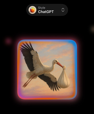 Genmoji screen with image of a photorealistic stork carrying a bundle in its beak, showing options for custom image styles from ChatGPT