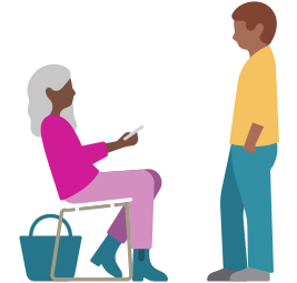 Una mujer sentada en una silla con un iPhone en la mano que emite ondas sonoras, y un hombre de pie delante de ella escuchando