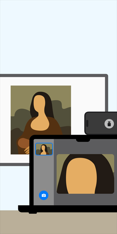 Ảnh minh họa động của ứng dụng Kính Lúp trên màn hình MacBook đang phóng to hình ảnh nàng Mona Lisa hiển thị trên bảng trắng trong lớp học