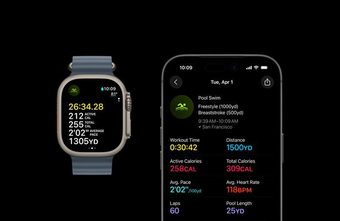 Apple Watch Ultra 3, natural color, titanium case, Ocean Band, anchor blue color, active Swim workout, larger workout metrics breakdown on iPhone