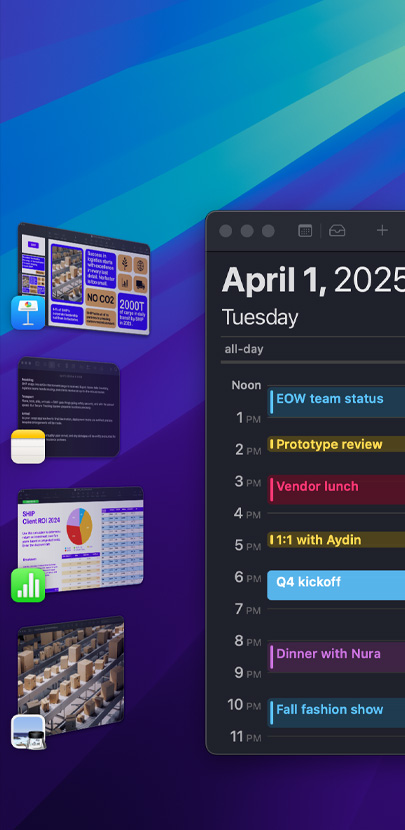Várias apps do iOS apresentadas na secretária, incluindo, de forma mais visível, a app Calendário, que inclui a agenda para esse dia.