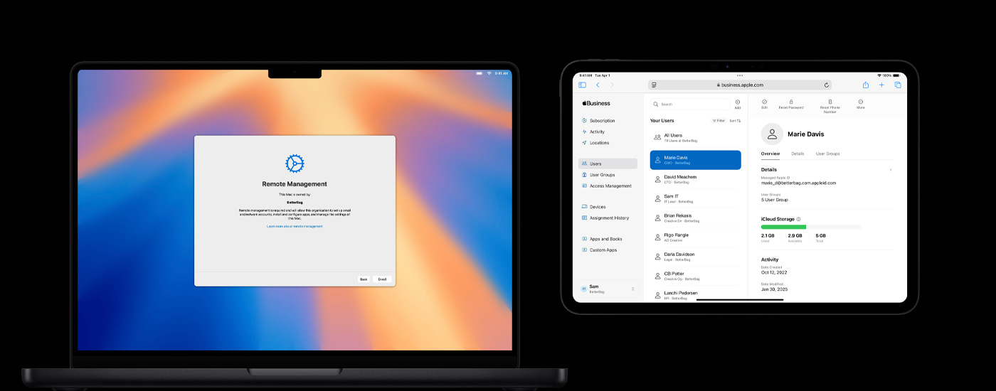 Deux appareils Apple côte à côte : un Mac affiche une fenêtre Gestion à distance et un iPad affichant un écran de gestion des utilisateurs et utilisatrices à distance.