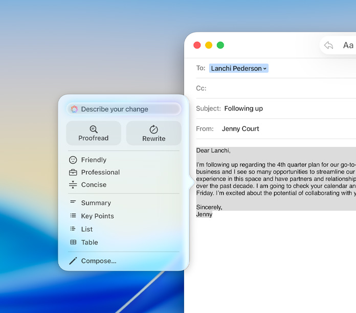 App Mail con il pannello degli Strumenti di scrittura di Apple Intelligence che mostra le opzioni per correggere, riscrivere e regolare il tono del testo