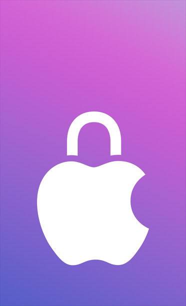Il logo Apple con l’icona del lucchetto sovrapposta, sfondo viola sfumato