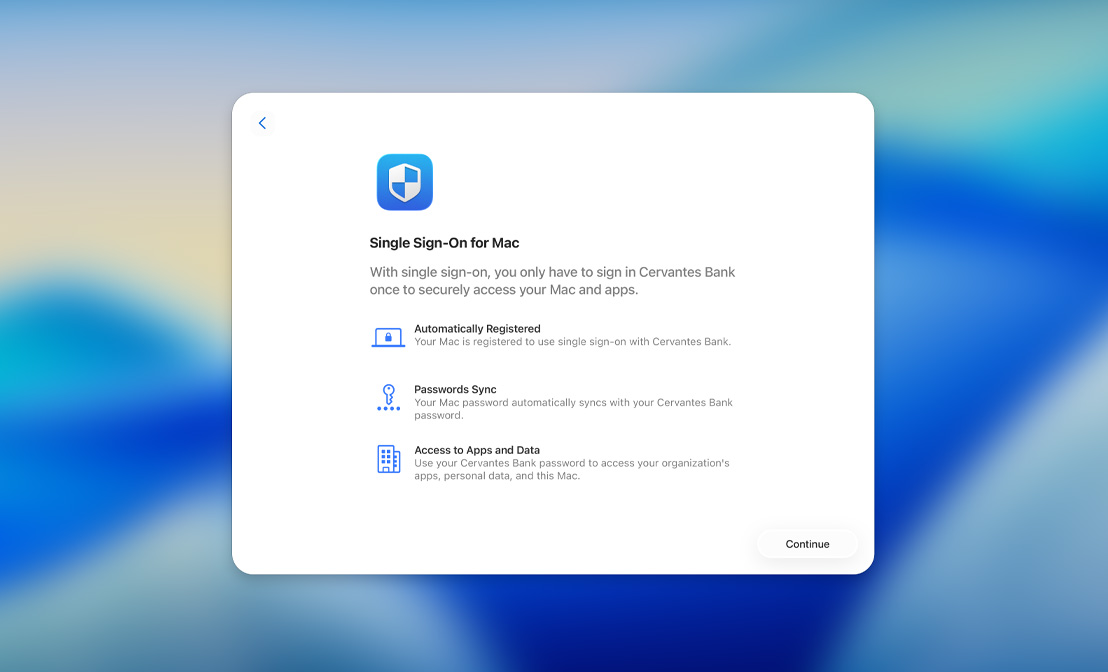 Finestra di configurazione Single Sign-On con le opzioni Registrazione automatica, Sincronizzare la password, e Accesso ad app e dati