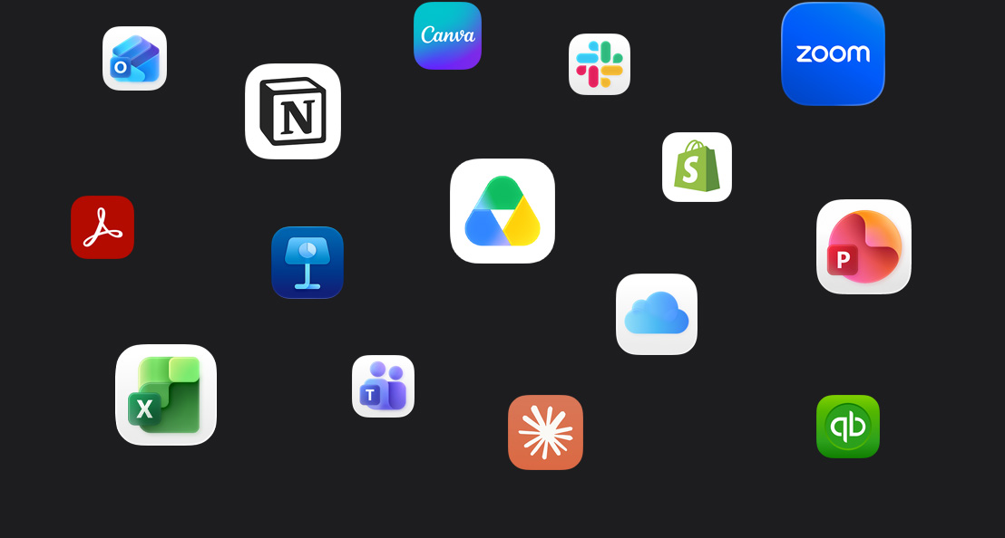 Icone di app sparse su uno sfondo scuro: Microsoft Teams, Microsoft Excel, Canva, Shopify, Microsoft Powerpoint, Claude, Zoom, Notion, Keynote, Slack, Salesforce, Quickbooks, Google Drive, Acrobat Reader, Microsoft Outlook