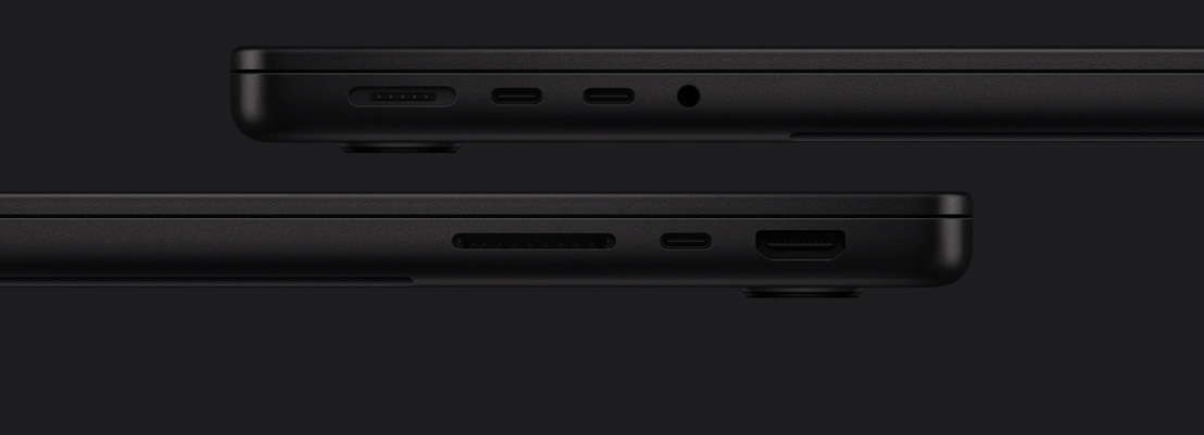 Porte di MacBook Pro: lato sinistro, MagSafe, due porte Thunderbolt, jack cuffie, lato destro, SDXC card reader, porta Thunderbolt, porta HDMI