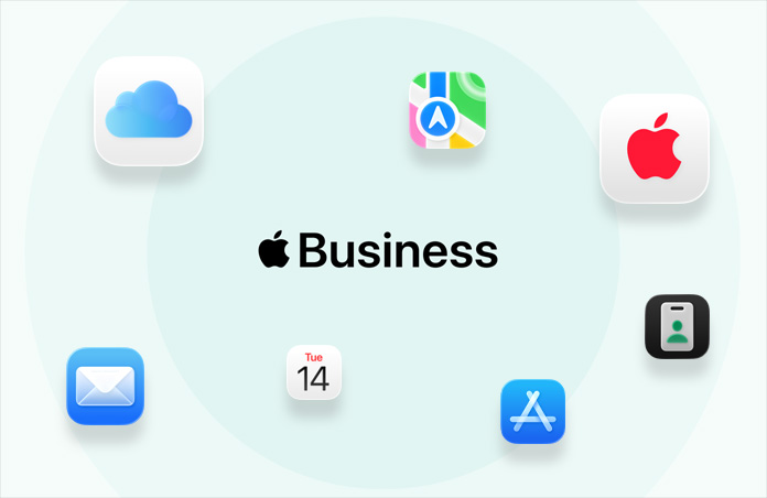 Apple Business, circondato dalle icone delle app: iCloud, Mappe, AppleCare, Mail, Calendario, App Store, app Apple Business