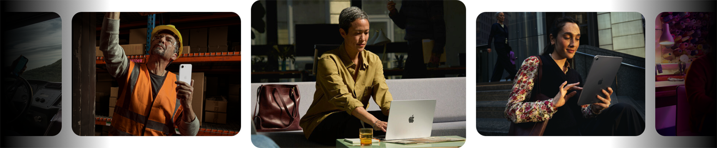 Persone in vari ambienti di lavoro che usano prodotti Apple, tra cui iPhone, MacBook e iPad