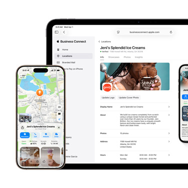 Vue avant d’un iPad affichant la plateforme Apple Business Connect d’une entreprise. Devant l’iPad se trouve un iPhone affichant les informations de l’entreprise dans Apple Plans.