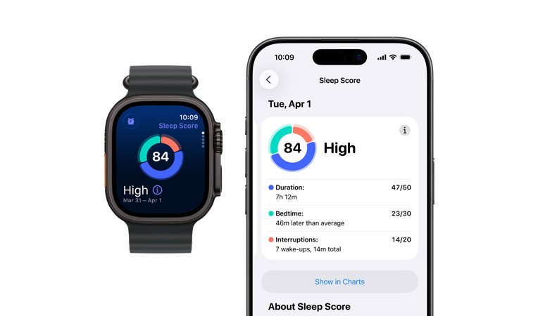Apple Watch Series 11, caja de aluminio, color oro rosa, gráfico circular y valoración de calidad del sueño, lateral derecho: Digital Crown, correa deportiva en color rosa rubor, análisis de sueño completo abierto en un iPhone enlazado