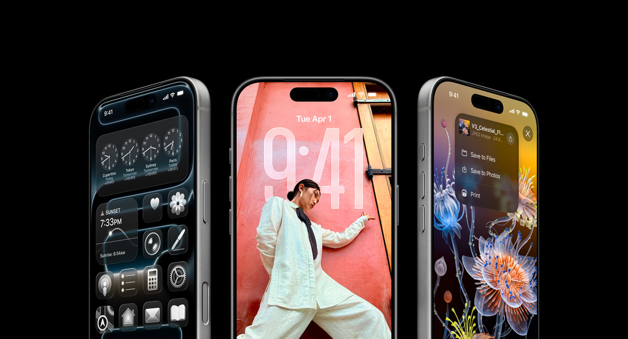 3 iPhone 17 Pro models, front exterior, side by side, demonstrating the World Clock feature, the iOS 26 Lock Screen, and how to save notes from the Notes app
