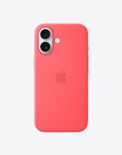 iPhone 17の背面の外観。ブライトグアバのシリコーンケースが装着されている。左上角にDual Fusionカメラシステム、中央にAppleのロゴがある