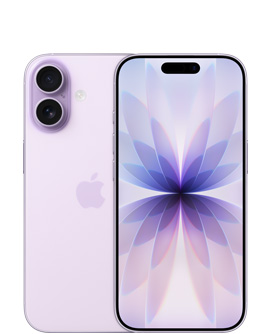 ラベンダーのiPhone 17、背面の外観。左上にDual Fusionカメラシステム、中央にAppleのロゴがある。前面の外観、カラーはラベンダー、上部の中央にDynamic Islandがある