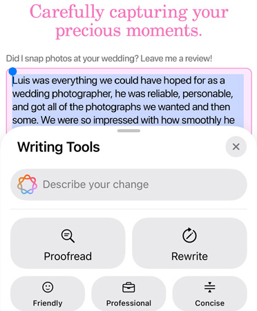 Writing Tools feature in use with options Proofread, Rewrite, Friendly, Professional, and Concise