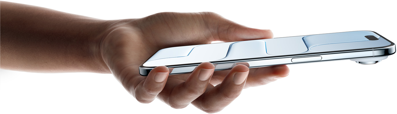 A hand holding iPhone Air, front exterior, side exterior, Sky Blue colour, very thin profile, Dynamic Island, buttons: side, Camera Control
