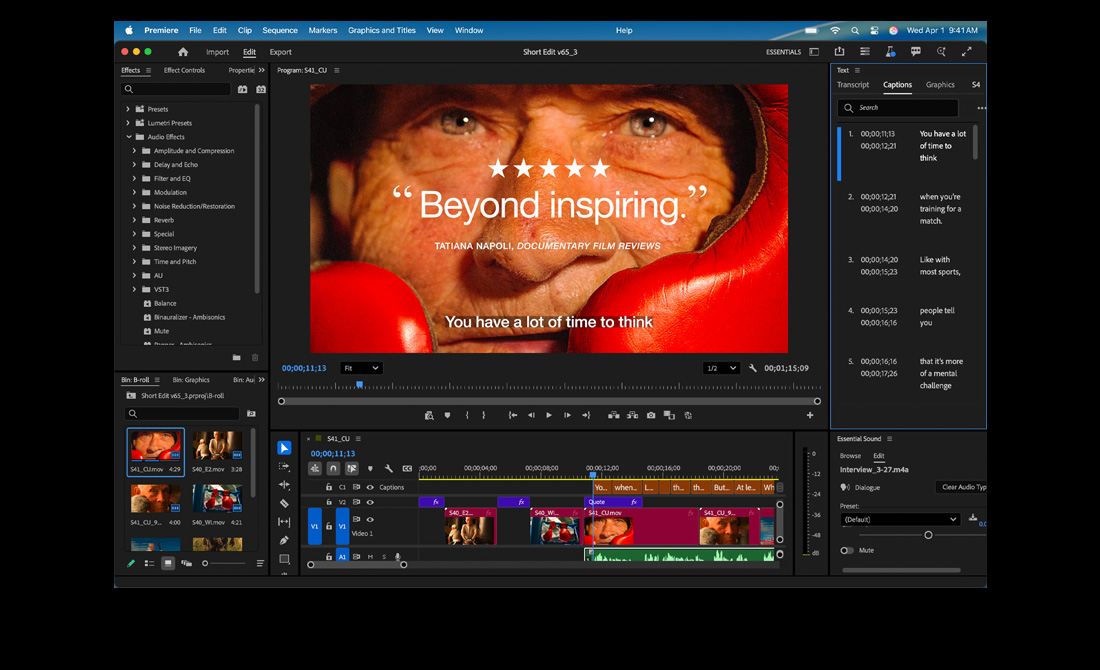 En MacBook Pro viser redigering av en film med tittelen Eternal Play i Adobe Premiere på skjermen
