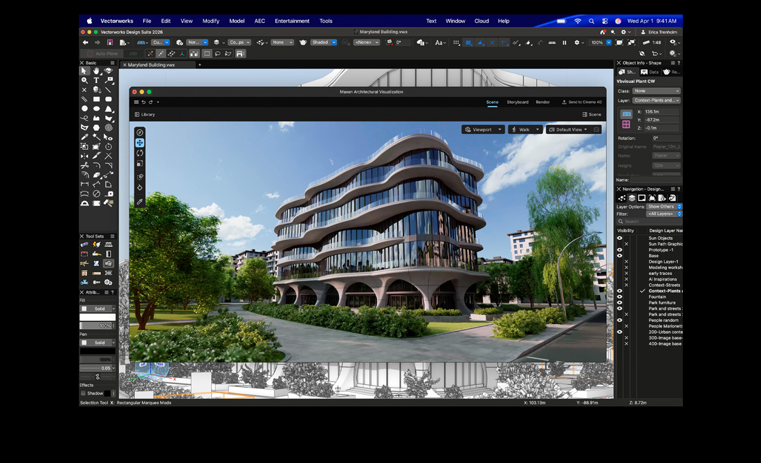Vectorworks Design Suite med Maxon Redshift vises på skjermen på en MacBook Pro