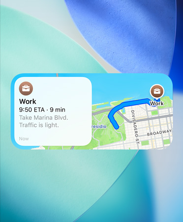 Karten Widget mit neuem bevorzugten Routen-Reiseplaner mit Verkehrsdetails, Ankunftszeit und Reisedauer