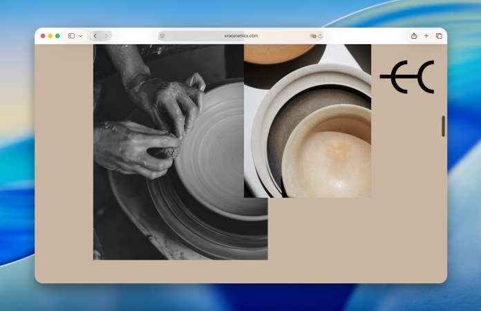 Una página web sobre artesanía en cerámica en la app Safari rediseñada, con la barra de herramientas renovada que refleja sutilmente los colores de la página