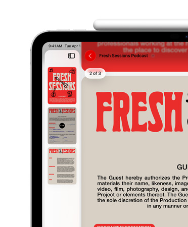 iPad, orientace na šířku, Apple Pencil magneticky připnutý nahoře, je vidět jenom levý horní roh obrazovky s PDF souborem otevřeným v aplikaci Náhled